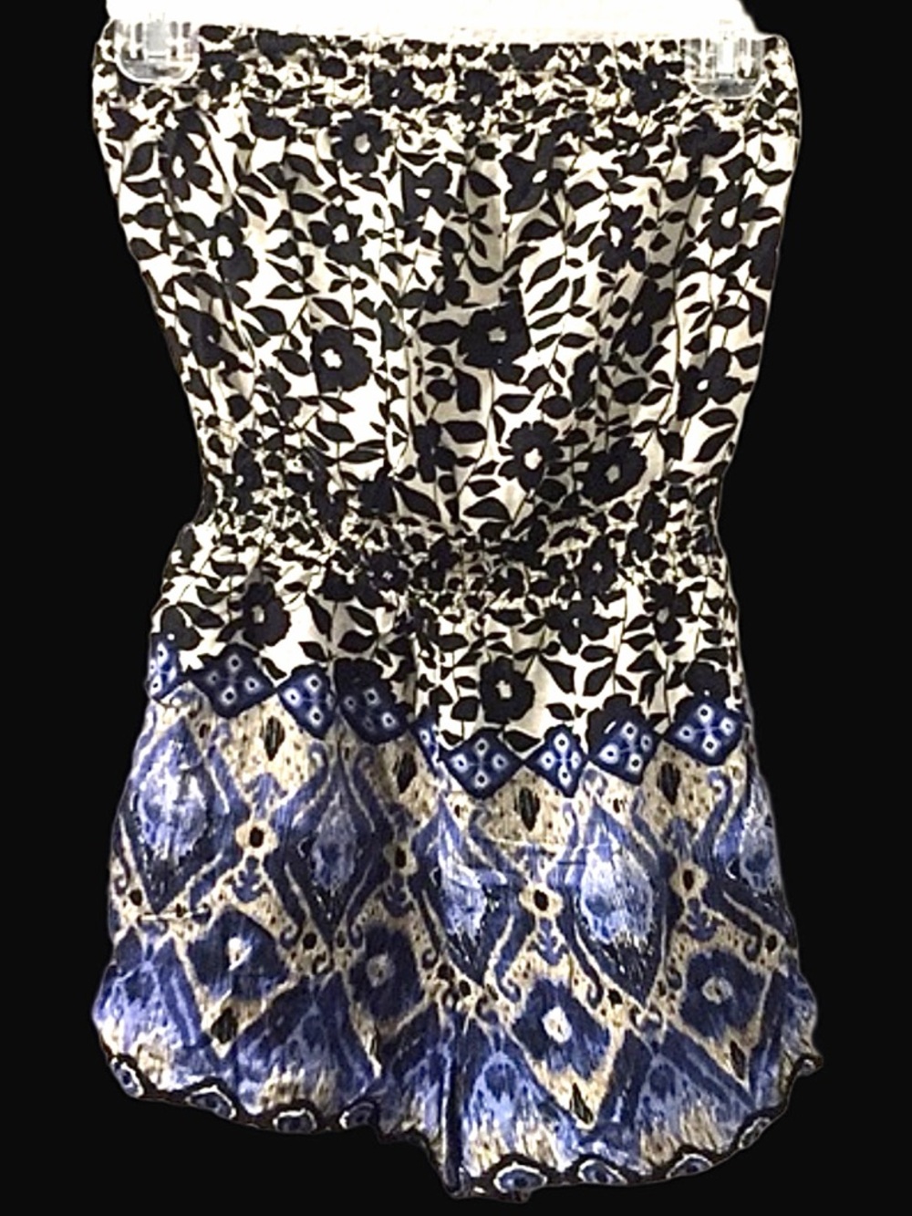 xhilaration Black floral and blue tribal print strapless romper